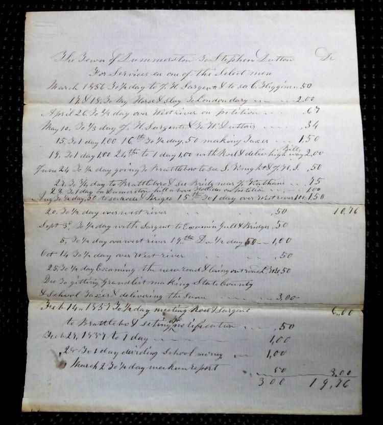 1856 antique DUMMERSTON VT handwritten TOWN WORK RECEIPT stephen dutton HISTORY