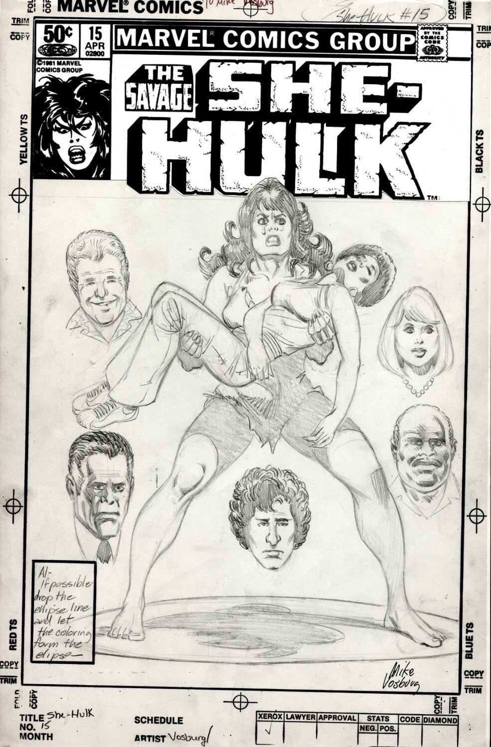 MIKE VOSBURG - She-Hulk #18 cover pencil art, large She-Hulk & crew1981 MIKE VOSBURG - She-Hulk #18 cover pencil art, large She-Hulk & crew1981