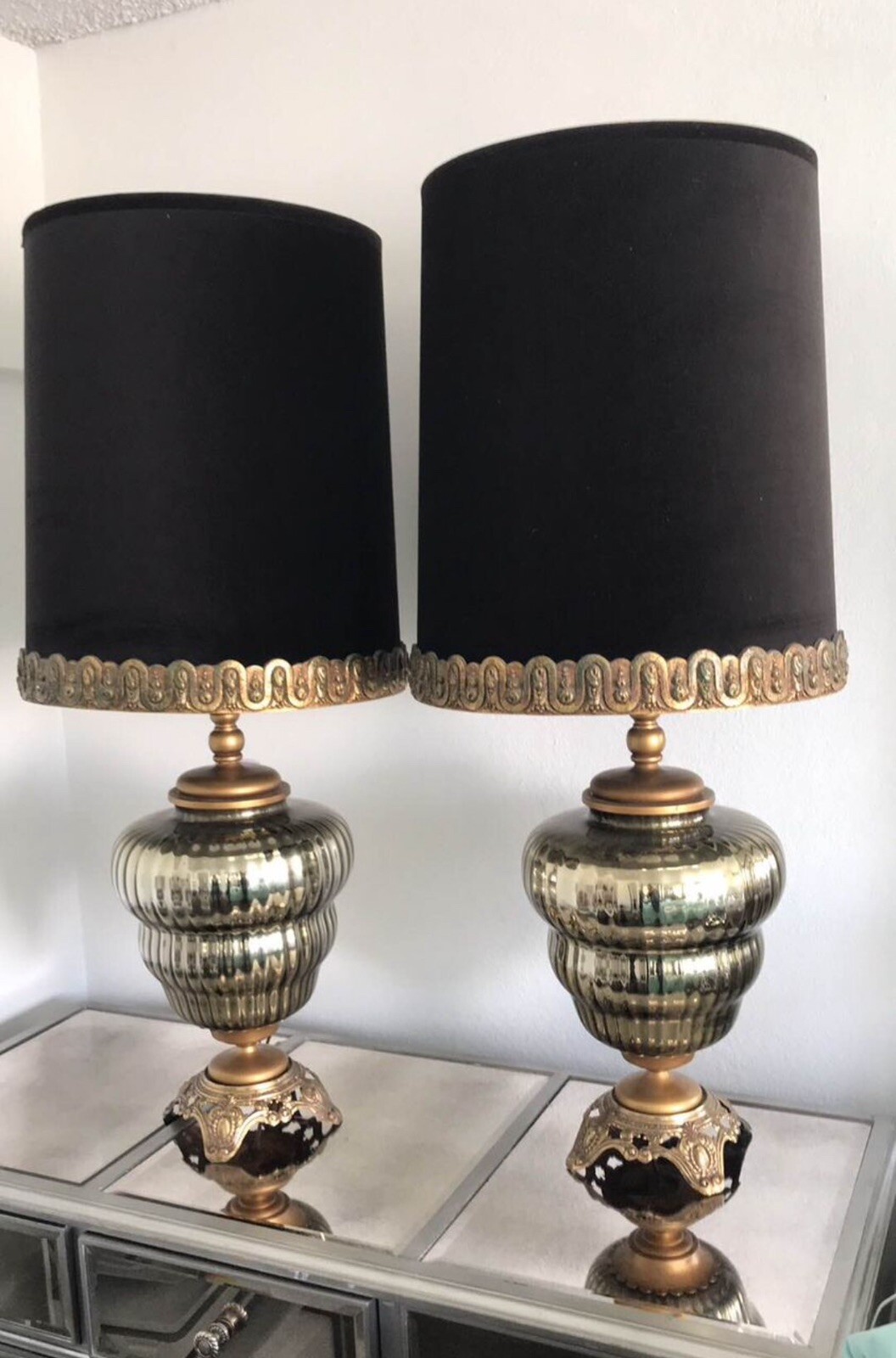 Fancy Pair  Of Tall large  mid Century Mirrored gold leaf patina velvet lamps￼