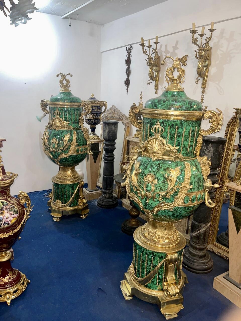Pair of huge malachite and bronze Empire style vases H 2 meters