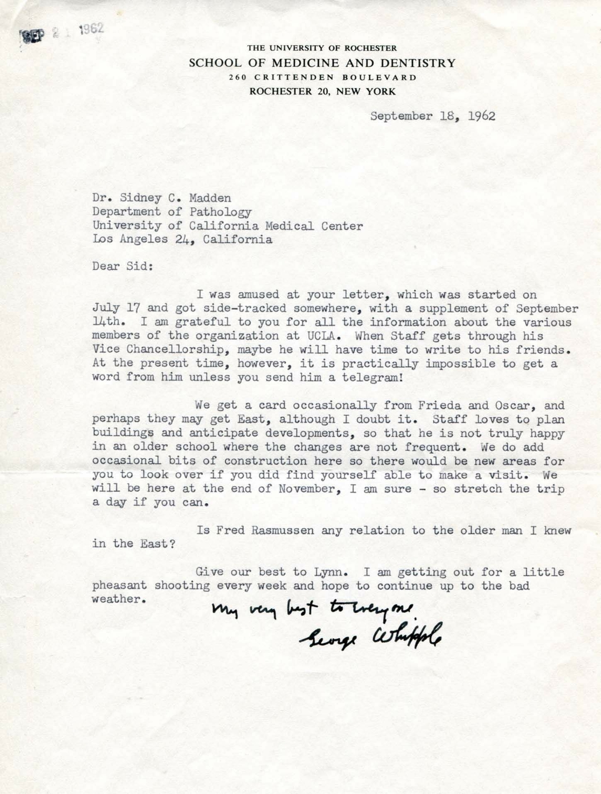 NOBEL PRIZE IN PHYSIOLOGY George Whipple autograph, typed letter signed & mounte