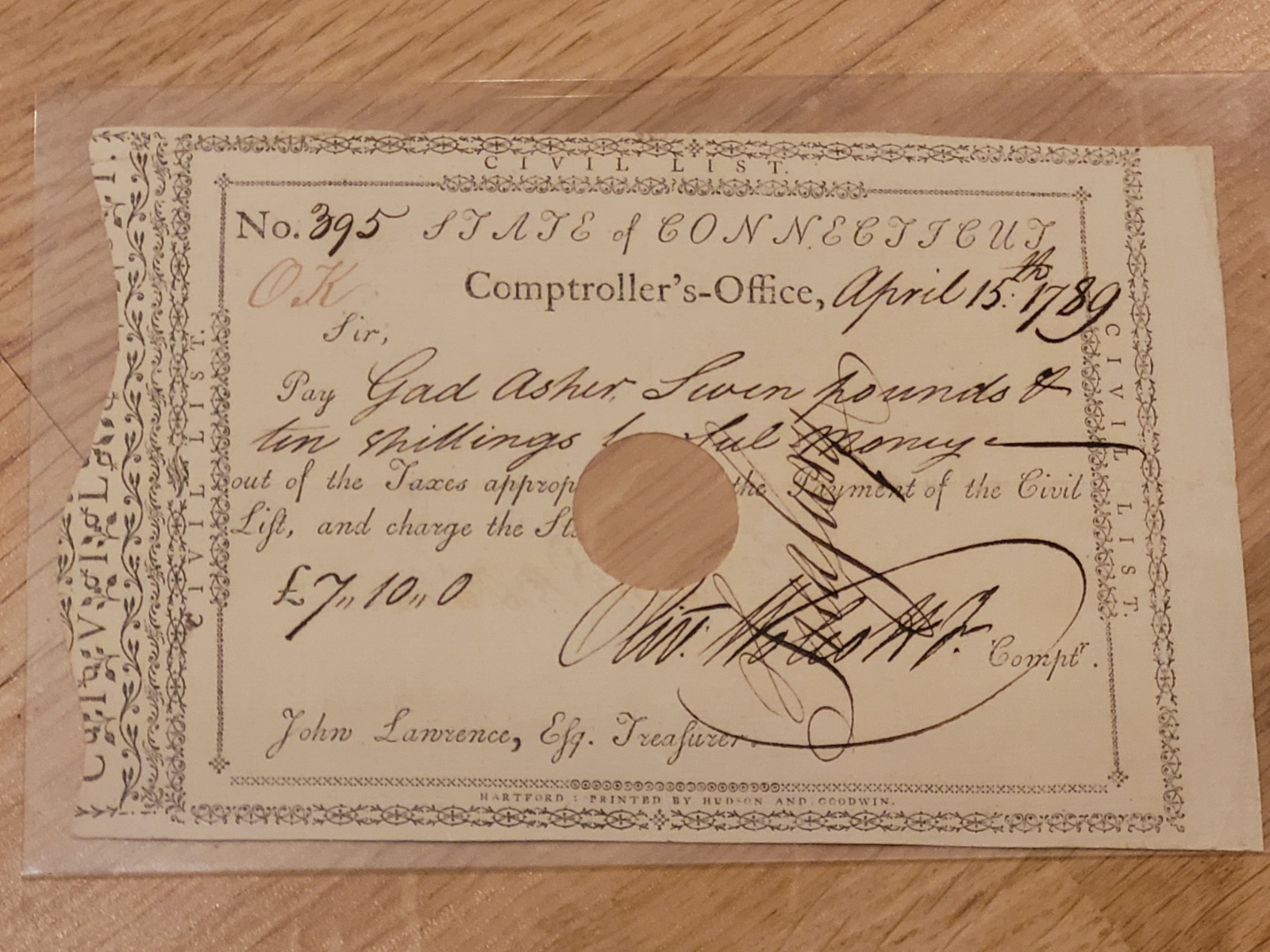 1789 CT Pay Order Gad Asher Black Revolutionary War Soldier Oliver Wolcott Sig