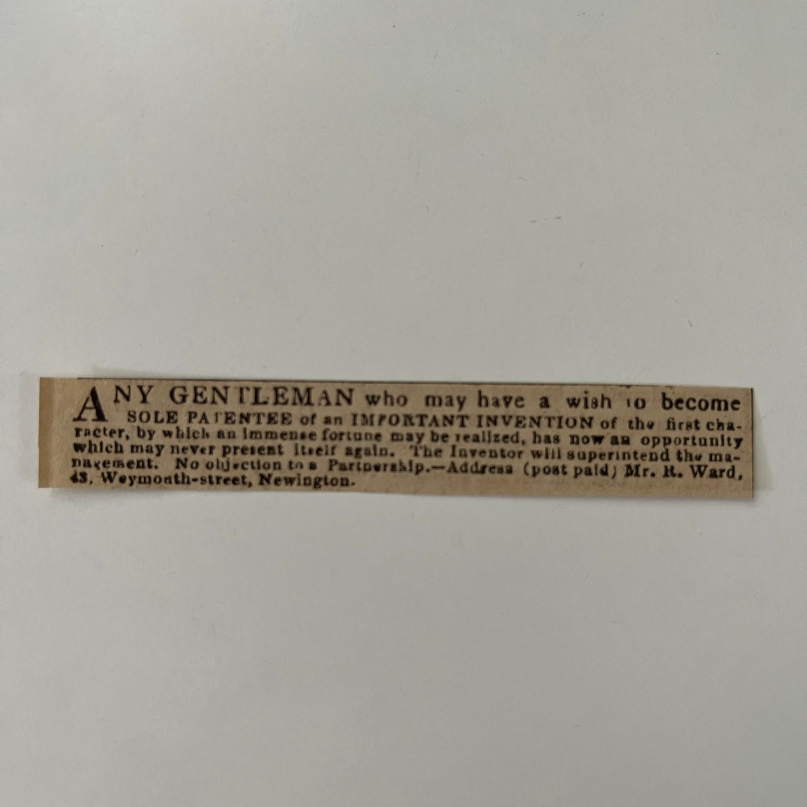 Sole Patentee Of An Important Invention R Ward 1834 London Clipping SAI8-S41