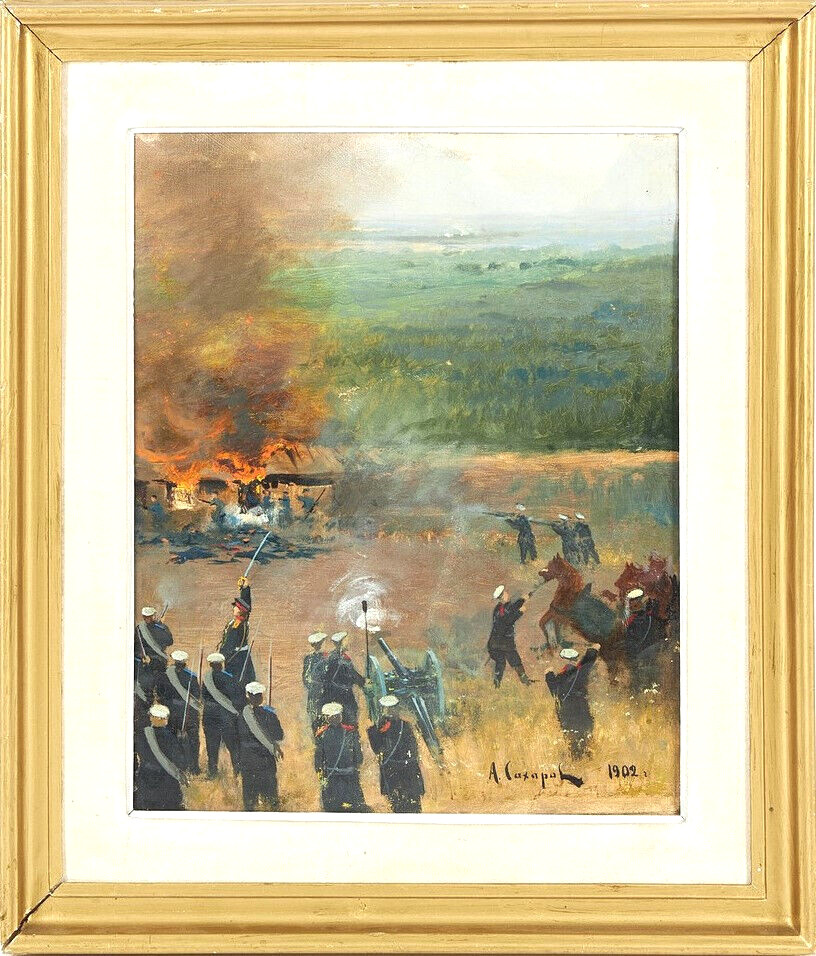 Alexander Saharov (1856-1914) Aivazovsky School Battle Scene Antique Oil Painting 1902