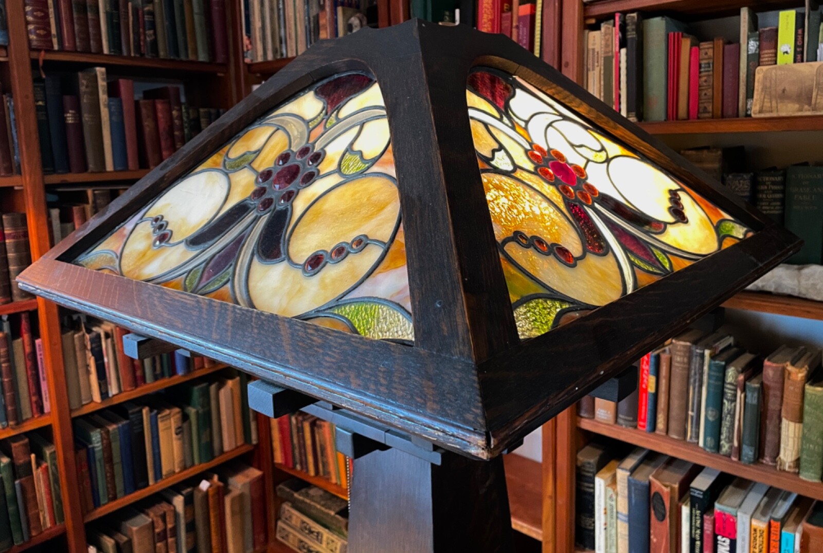 Rare Stickley Mission Oak Leaded Art Glass Floor Lamp Nouveau Arts Crafts c1910 Rare Stickley Mission Oak Leaded Art Glass Floor Lamp Nouveau Arts Crafts c1910
