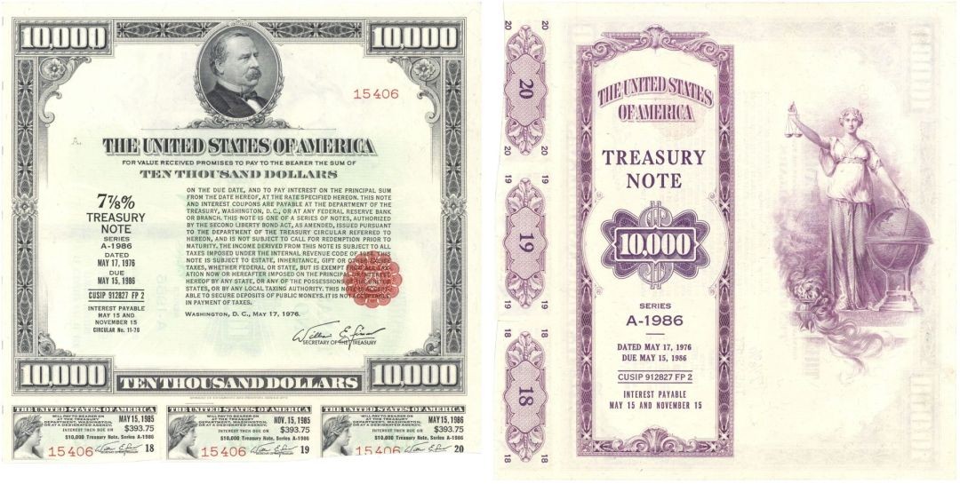 1976 dated $10,000 Treasury Note - U.S. Treasury Instrument - Only 2 Known to 1976 dated $10,000 Treasury Note - U.S. Treasury Instrument - Only 2 Known to