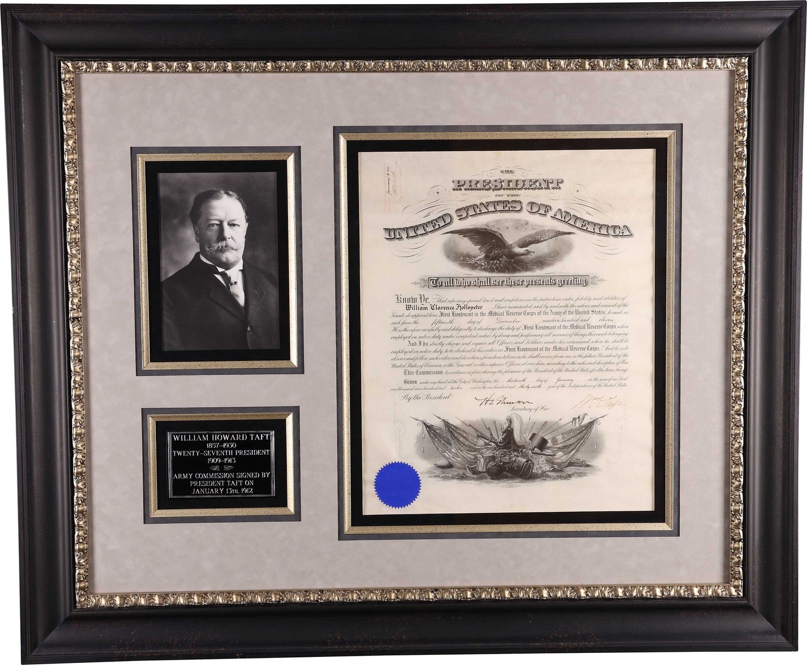 1912 President William H. Taft Signed Document Framed - PSA/DNA LOA 1912 President William H. Taft Signed Document Framed - PSA/DNA LOA