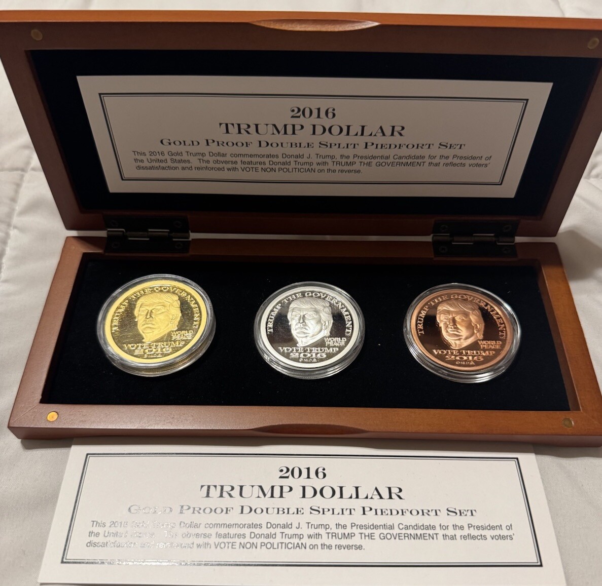 Donald Trump Dollar Piedfort Set .9999 Gold 1oz Silver 2oz 2016 Rare US Mint 45 Donald Trump Dollar Piedfort Set .9999 Gold 1oz Silver 2oz 2016 Rare US Mint 45