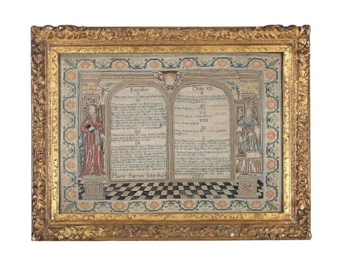 IMPORTANT ANTIQUE 10 COMMANDMENTS GEORGE I 1727 NEEDLEWORK SAMPLER MARY FARRAN IMPORTANT ANTIQUE 10 COMMANDMENTS GEORGE I 1727 NEEDLEWORK SAMPLER MARY FARRAN