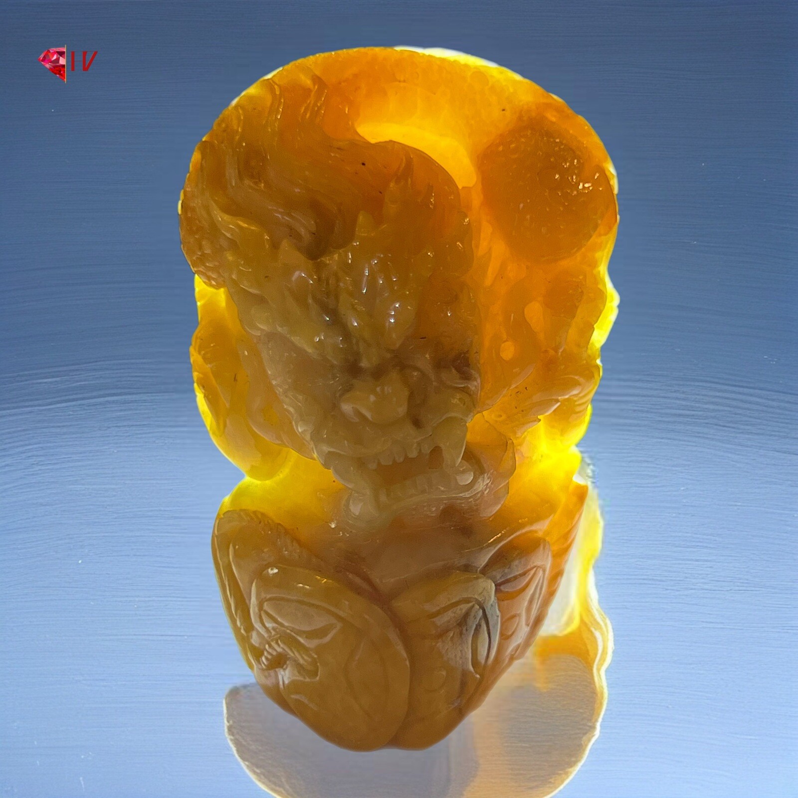Natural Burmese jadeite Jade type A - Honey yellow craved Dragon with Luck Coin