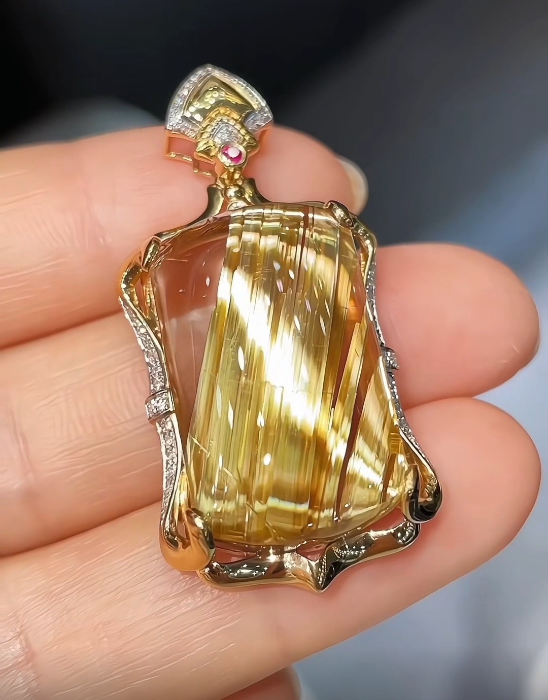 Top Natural Gold Rutilated Quartz 18K gold inlaid Titanium Crystal Pendant 1pc
