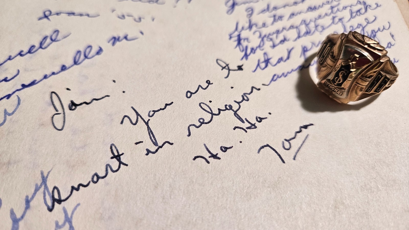 1954 Tom Monaghan signed HS yearbook with 1955 class ring, 10k gold, 7.5 g