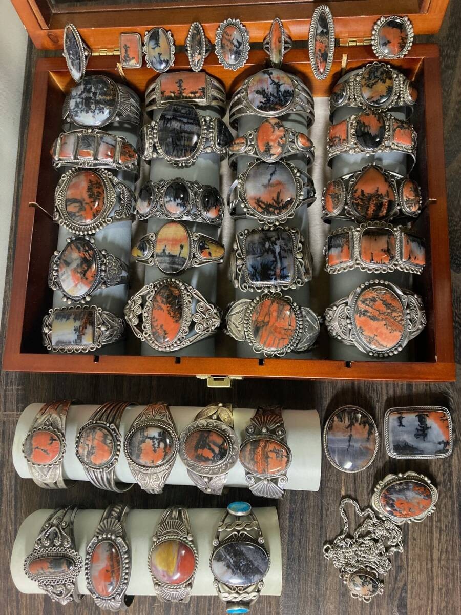 Lot 41pc Navajo Sterling Silver Petrified Wood Agate Cuff Bracelet Ring Set JP Lot 41pc Navajo Sterling Silver Petrified Wood Agate Cuff Bracelet Ring Set JP