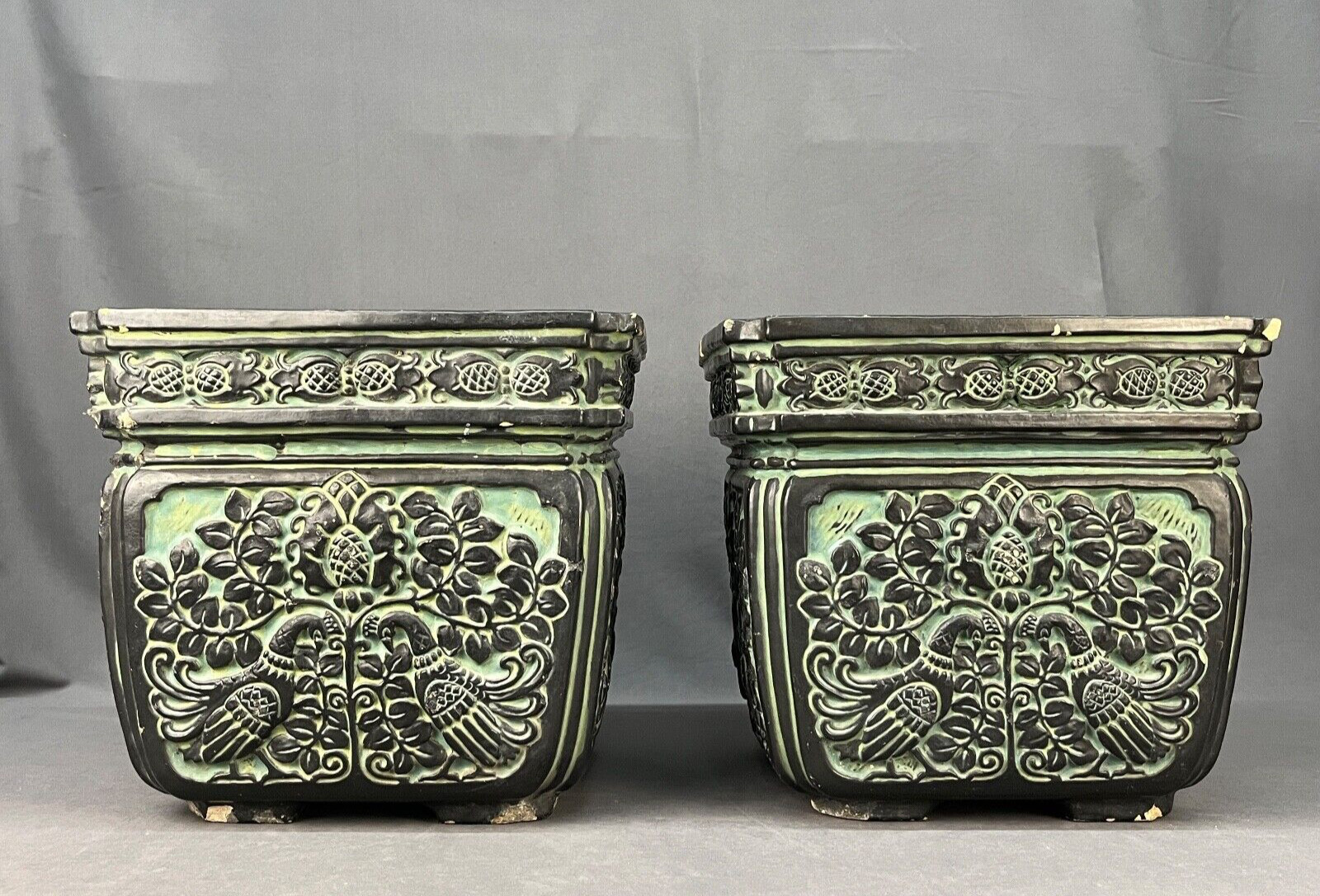 Rare Pair of Batchelder Art Pottery Peacock Verdigris Jardiniere Planters 1920's