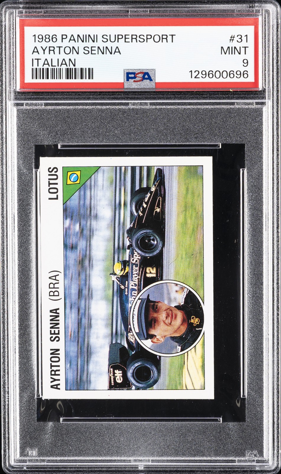 1986 PANINI SUPERSPORT ITALIAN #31 AYRTON SENNA PSA 9 1986 PANINI SUPERSPORT ITALIAN #31 AYRTON SENNA PSA 9