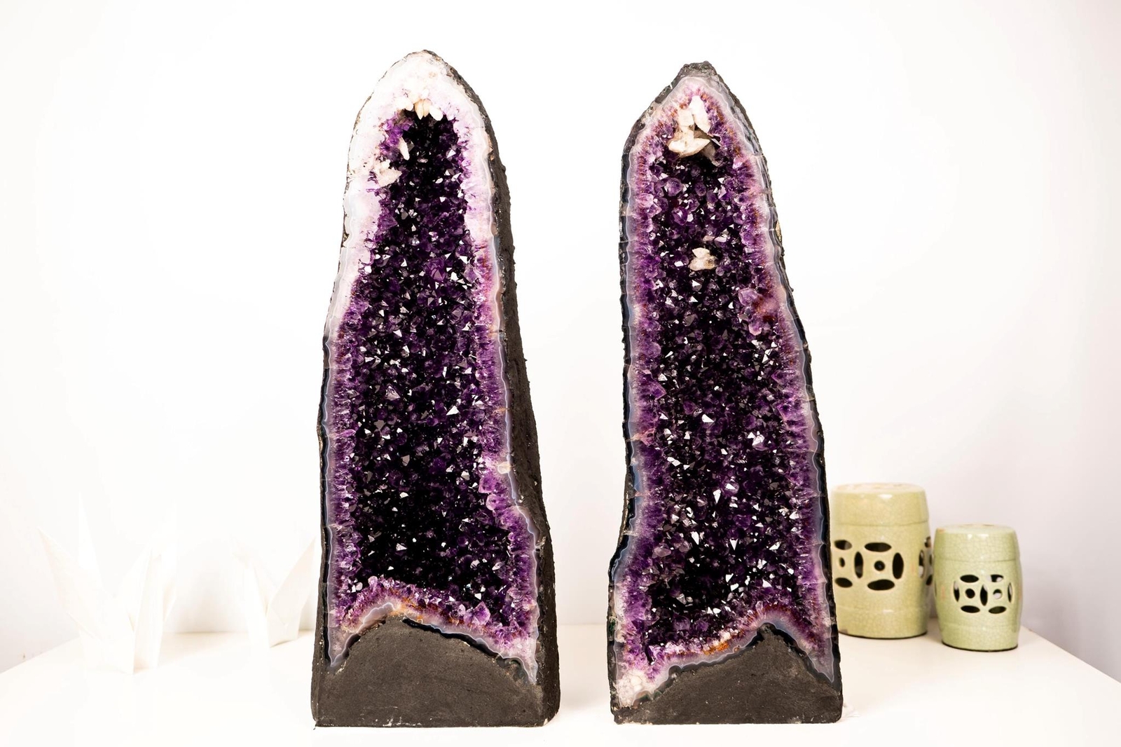 Pair of Symmetrical AAA-Grade Dark Purple Amethyst Geodes, 106 Lb.