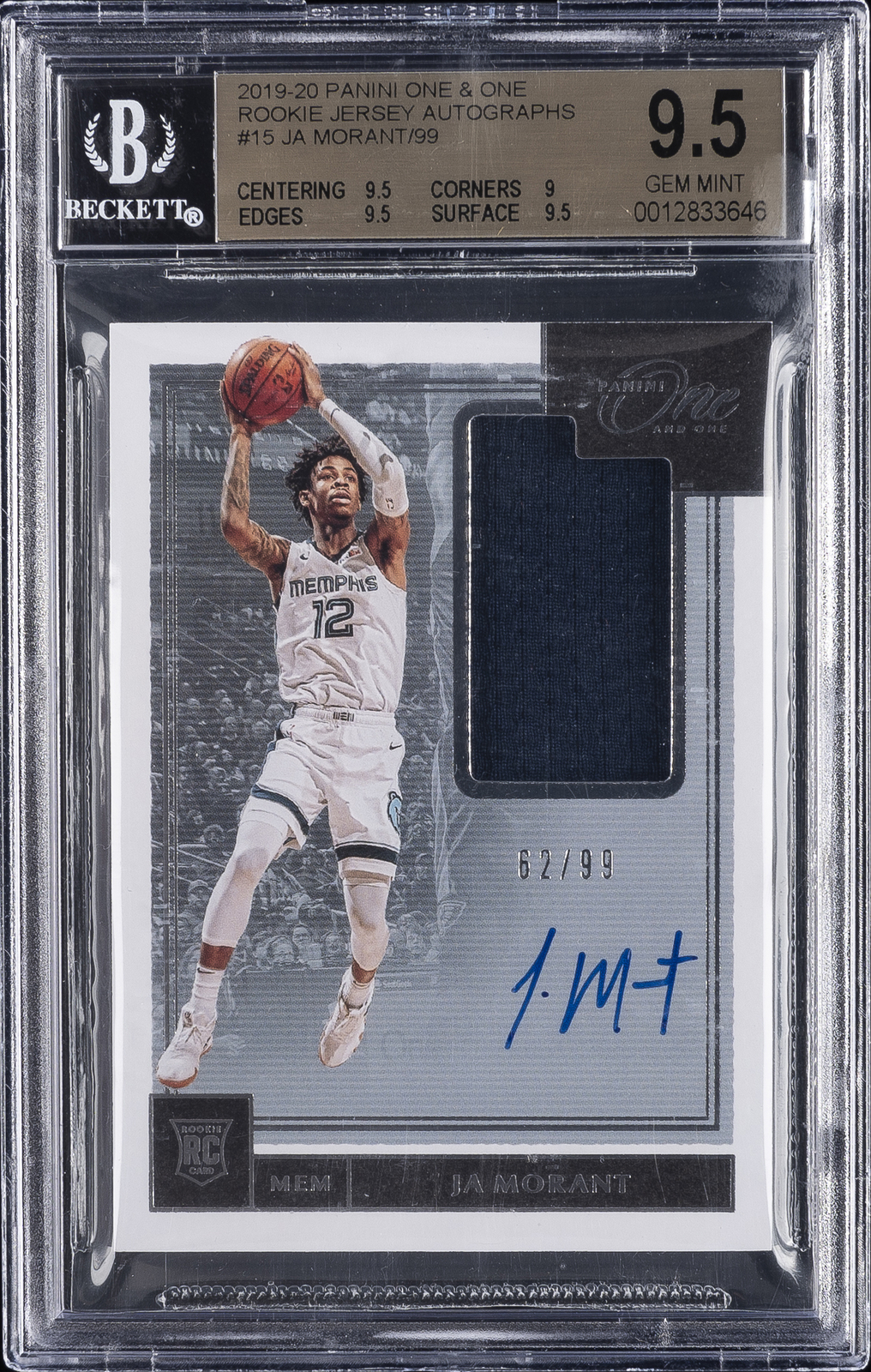 2019-20 PANINI ONE & ONE ROOKIE JERSEY AUTOS #15 JA MORANT/99 BGS 9.5 2019-20 PANINI ONE & ONE ROOKIE JERSEY AUTOS #15 JA MORANT/99 BGS 9.5