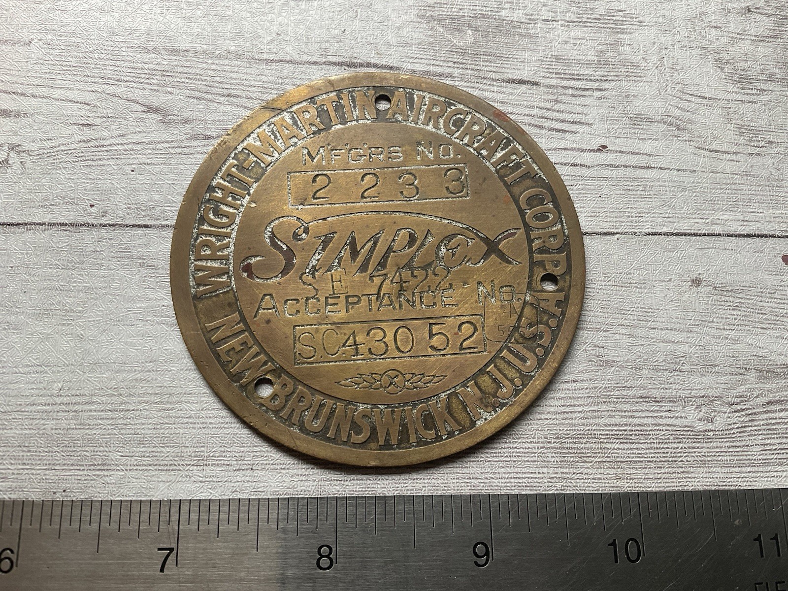 ORIGINAL WWI WRIGHT MARTIN SIMPLEX AIRCRAFT ENGINE SPEC DATA NAME PLATE ORIGINAL WWI WRIGHT MARTIN SIMPLEX AIRCRAFT ENGINE SPEC DATA NAME PLATE