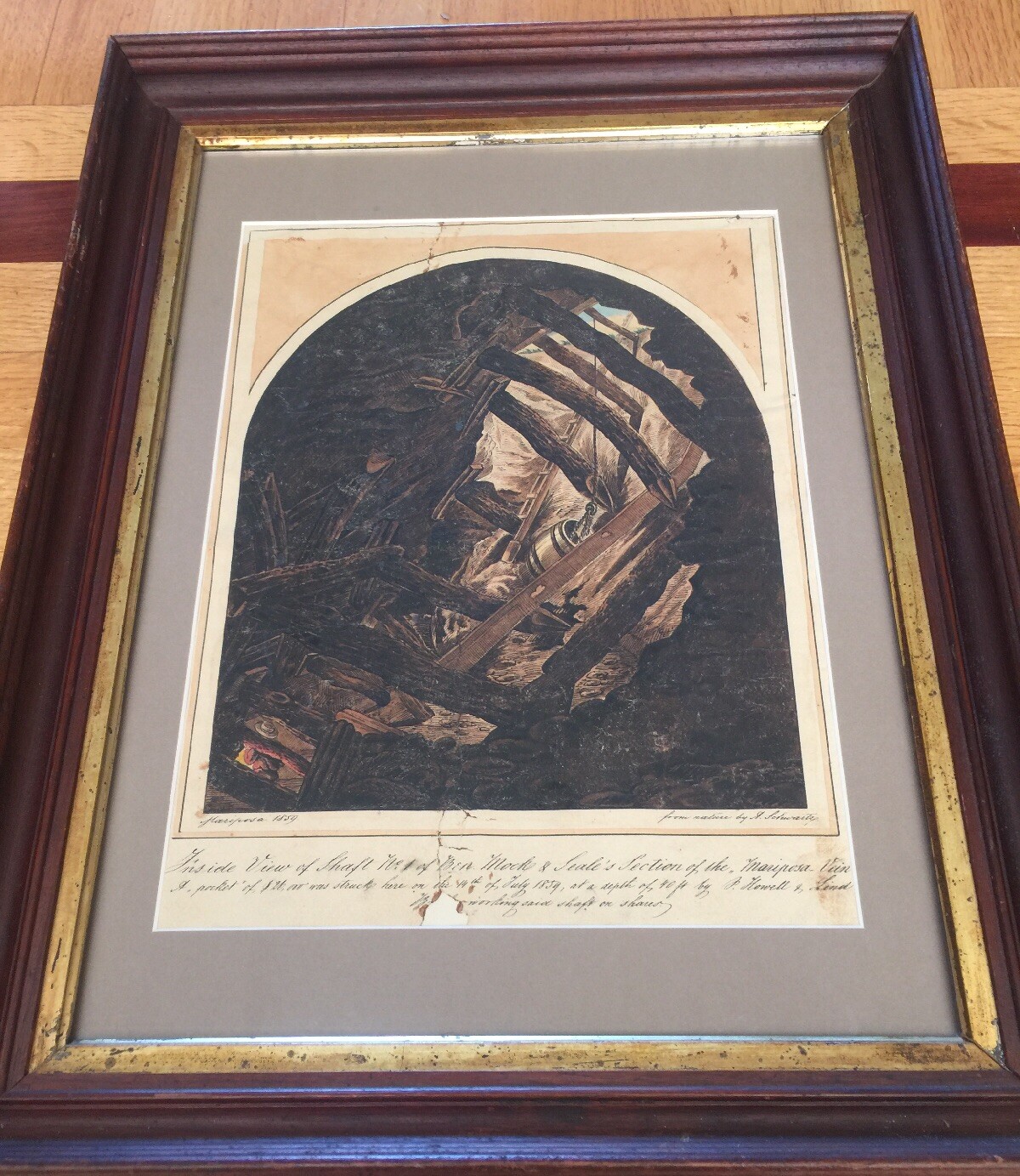1859 Original Gold Rush Drawing Of Mariposa Inside Gold Mine Shaft A Schwartz