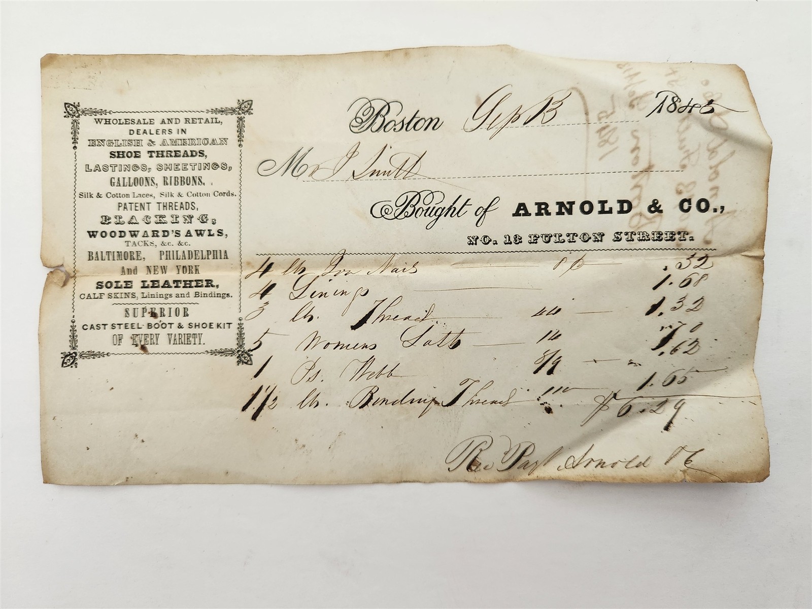1845 antique ARNOLD & CO boston ma SHOE THREADS LEATHER FINDINGS billhead 1845 antique ARNOLD & CO boston ma SHOE THREADS LEATHER FINDINGS billhead