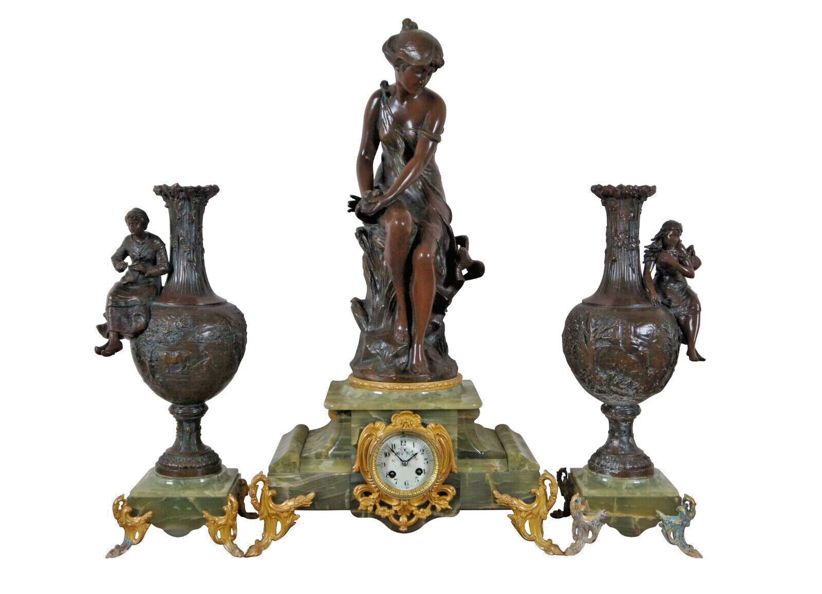Antique Bronze Hirondelle Blessee Alfred Foretay Garniture Mantel Clock & Urns
