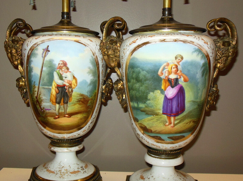Amazing Antique Pair Hand Ptd French Porcelain LAMPS BRONZE RAMS Heads Ormolu