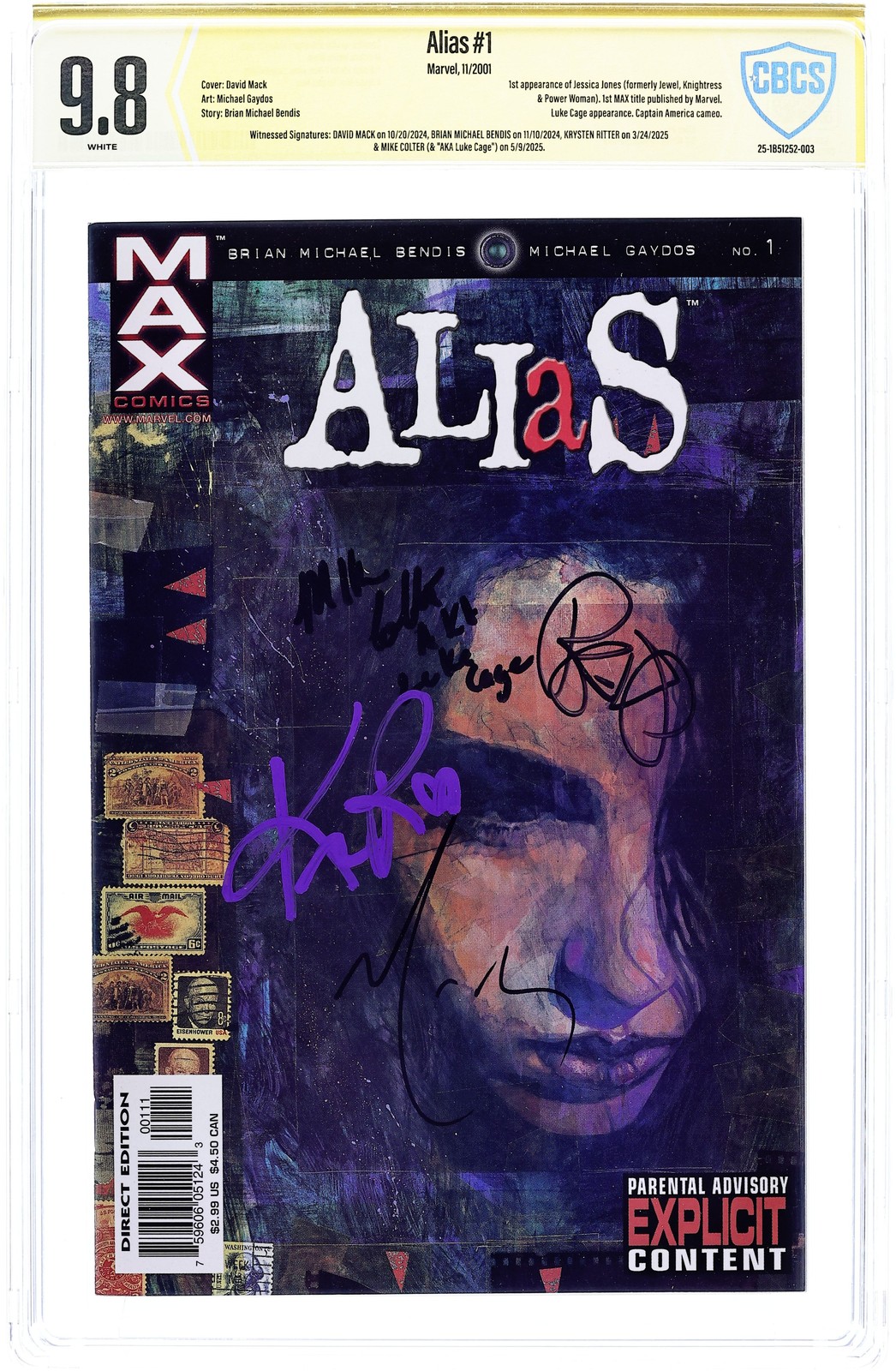 Alias #1 CBCS 9.8 Witnessed Sig Mack/Bendis/Ritter/Colter 2001 25-1B51252-003 Alias #1 CBCS 9.8 Witnessed Sig Mack/Bendis/Ritter/Colter 2001 25-1B51252-003