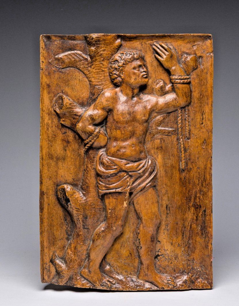 Antique 18thc wood carved wall plaque Saint Sebastian south europe rare