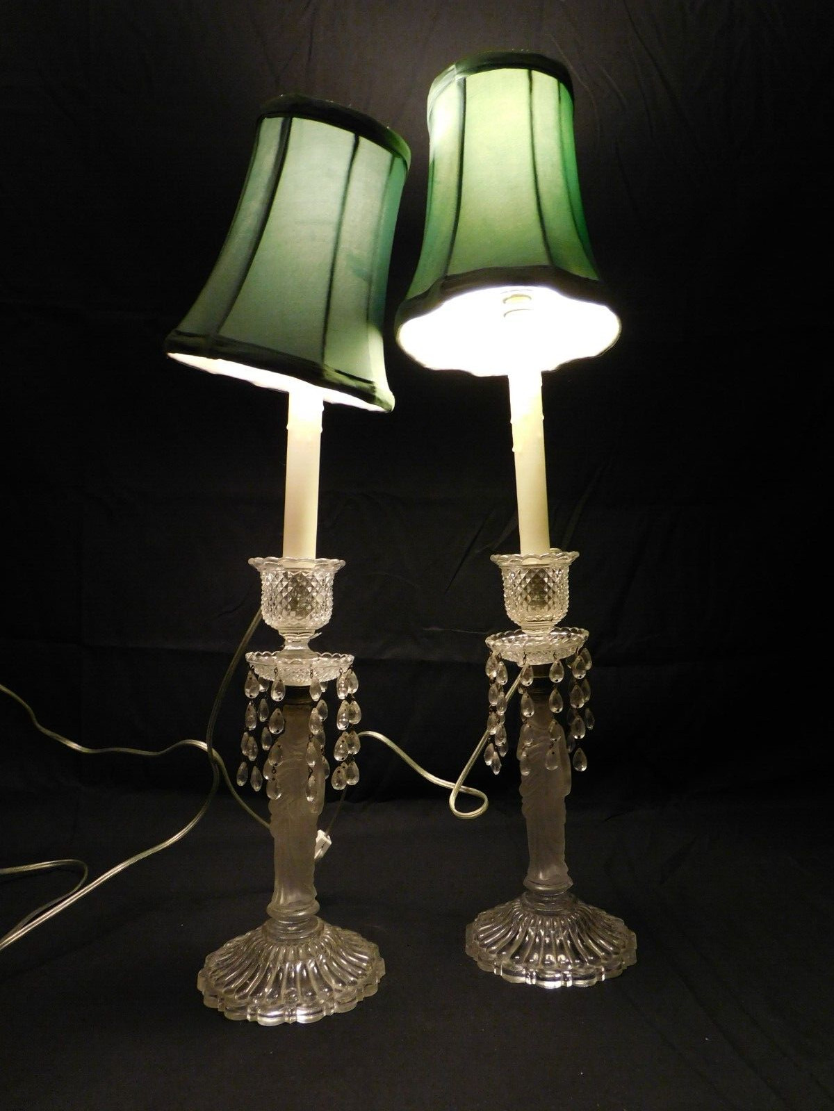 Pair of Early unsigned Baccarat Frosted Crystal Caryatid Buffet Lamps w Drops Pair of Early unsigned Baccarat Frosted Crystal Caryatid Buffet Lamps w Drops