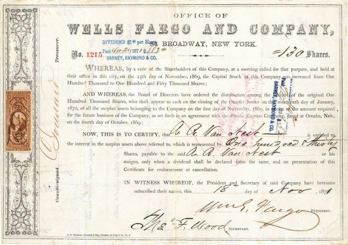 William G. Fargo signed Wells Fargo & Company - Autograph Stock Certificate -