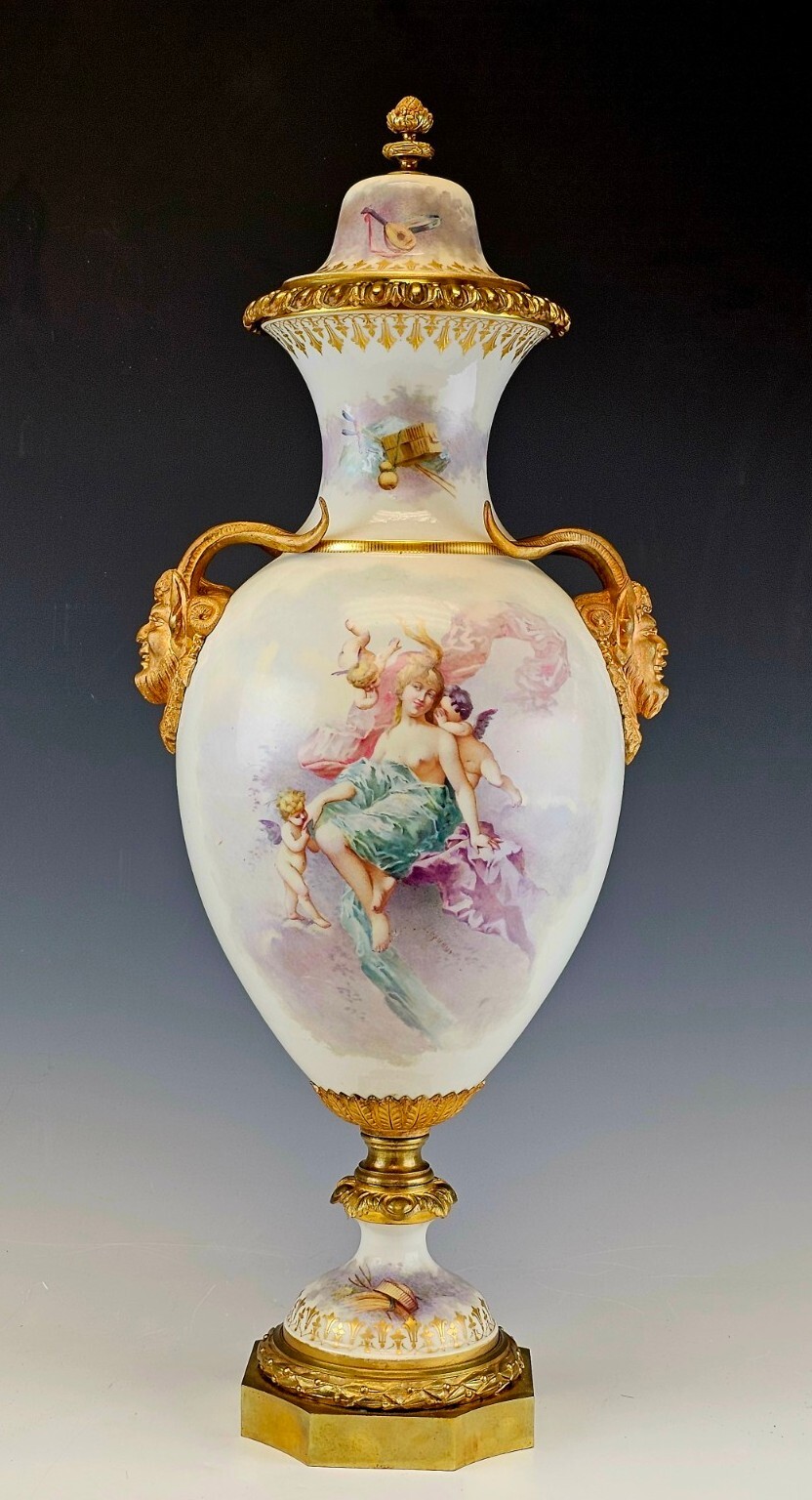 Stunning Large 19C French Sevres H/P Porcelain Gilt Bronze Vase Signed Stunning Large 19C French Sevres H/P Porcelain Gilt Bronze Vase Signed