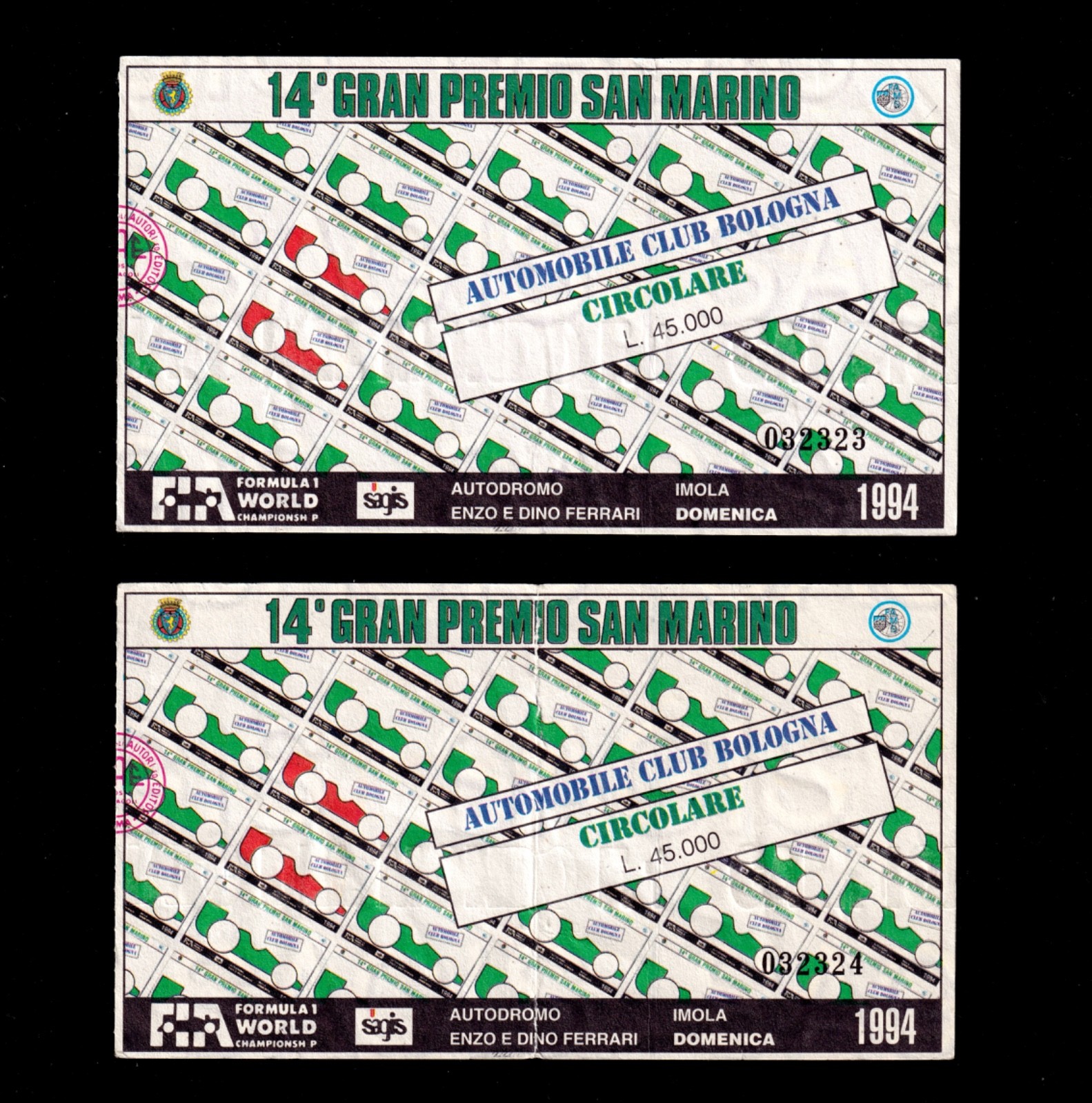 Ayrton Senna San Marino GP Imola 1994 Rare Pair of Consecutive Unused Tickets Ayrton Senna San Marino GP Imola 1994 Rare Pair of Consecutive Unused Tickets