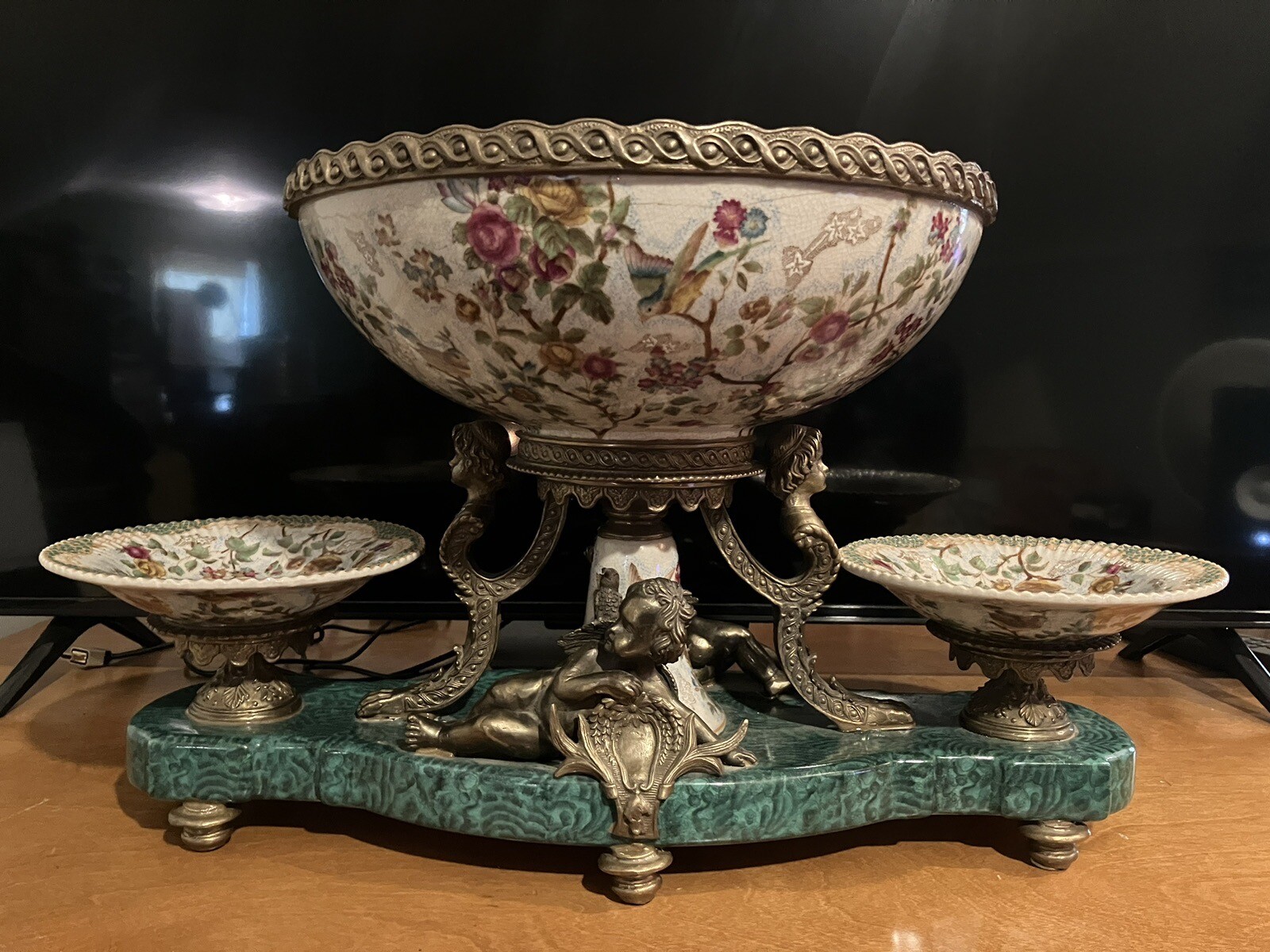 1895 Wong Lee Green Floral Porcelain & Bronze Cherub Figurine Centerpiece 3 Bowl 1895 Wong Lee Green Floral Porcelain & Bronze Cherub Figurine Centerpiece 3 Bowl