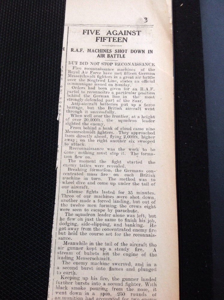 64-3 Ephemera Nov 1939 Falmouth Article Raf Dogfight Over Siegfried Line Report