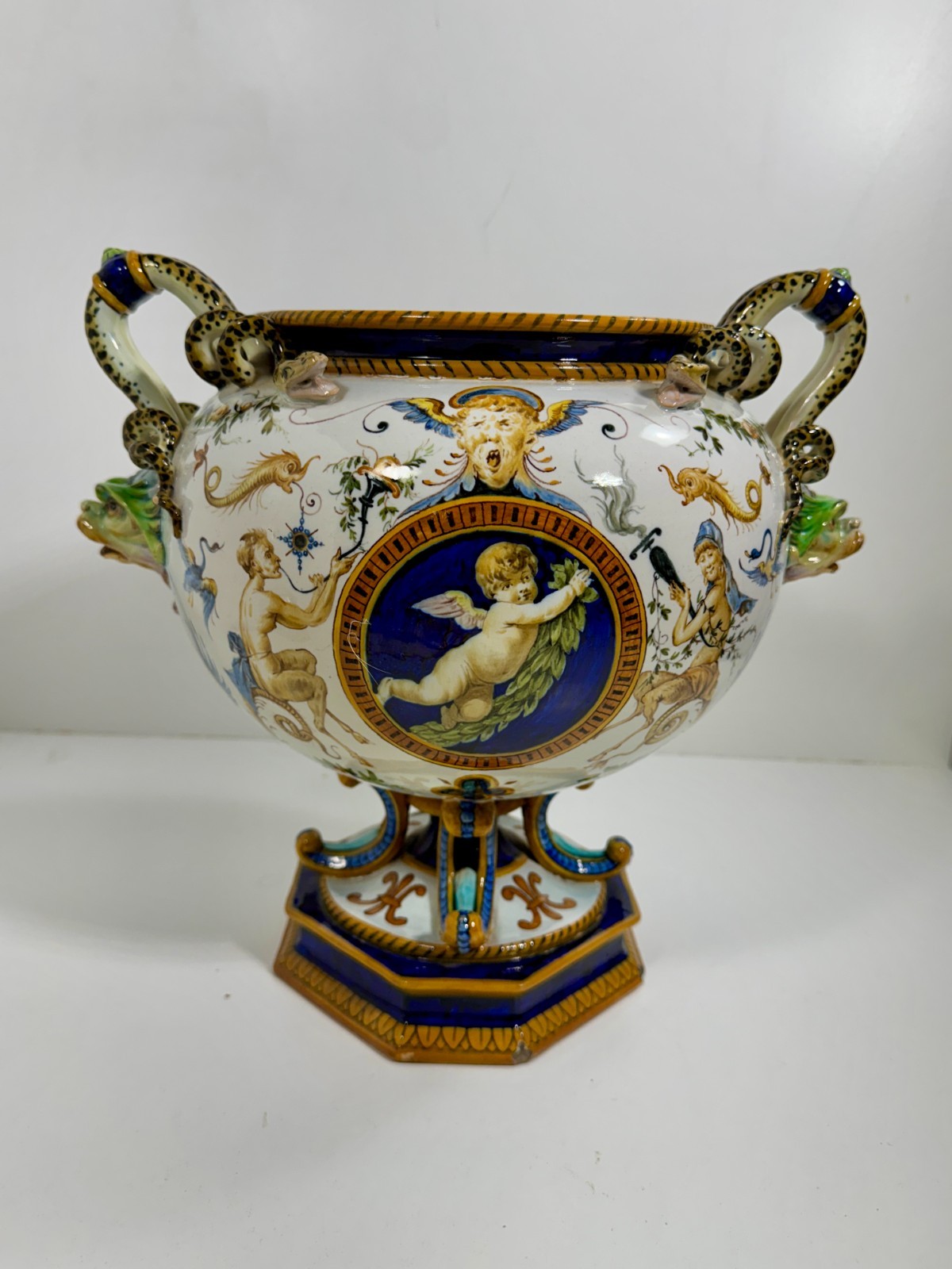 Monumental Richard Ginori Italian Porcelain Urn Grotesque Cherub Mythical Form Monumental Richard Ginori Italian Porcelain Urn Grotesque Cherub Mythical Form