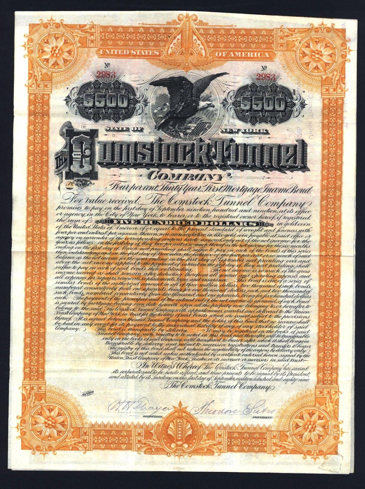 1889 Sutro Comstock Tunnel - Signed by Theodore Sutro - Stock Certificate - Bond
