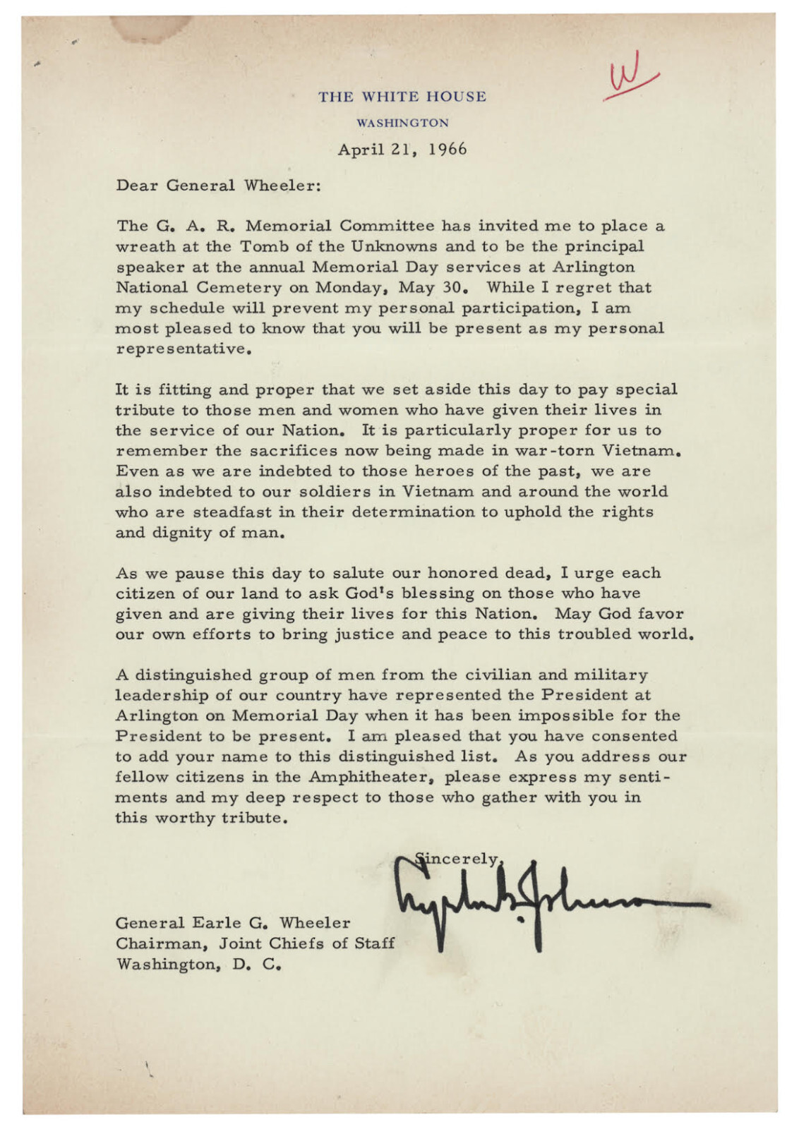 Lyndon Johnson 1966 Typed Letter Signed as President To Chairman of Joint Chiefs Lyndon Johnson 1966 Typed Letter Signed as President To Chairman of Joint Chiefs