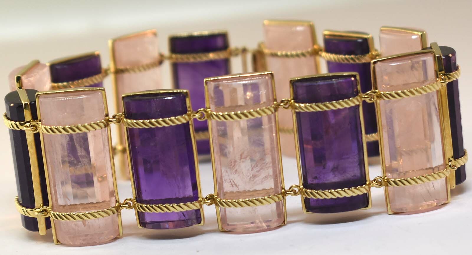 14K YELLOW GOLD - ESTATE MODERNIST AMETHYST & ROSE QUARTZ BRACELET 14K YELLOW GOLD - ESTATE MODERNIST AMETHYST & ROSE QUARTZ BRACELET