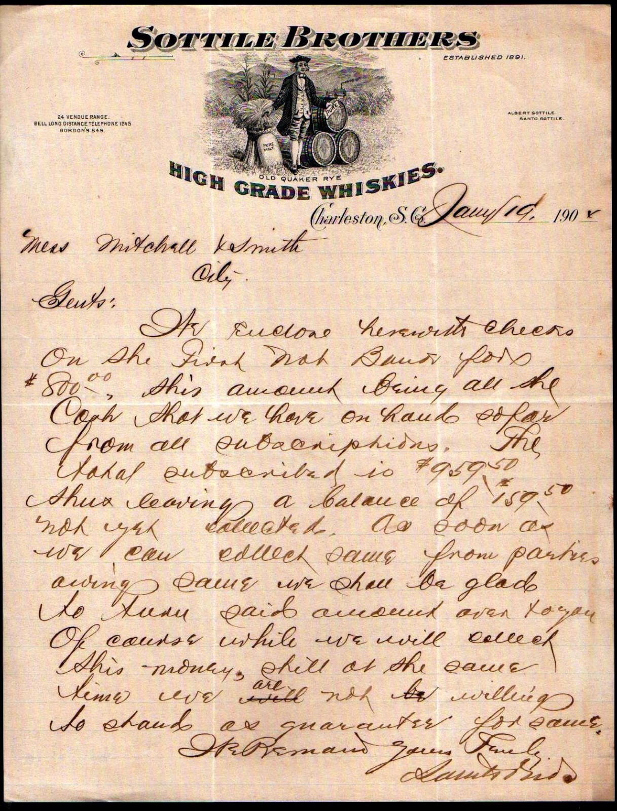 1904 Charleston SC Whiskey - Sottile Brothers Whiskies  EX Rare Letter Head Bill
