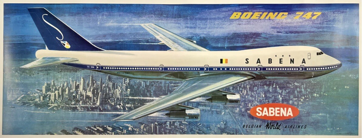 Original Vintage Poster BOEING 747 SABENA BENGIAN WORLD AIRLINES Airline LINEN Original Vintage Poster BOEING 747 SABENA BENGIAN WORLD AIRLINES Airline LINEN