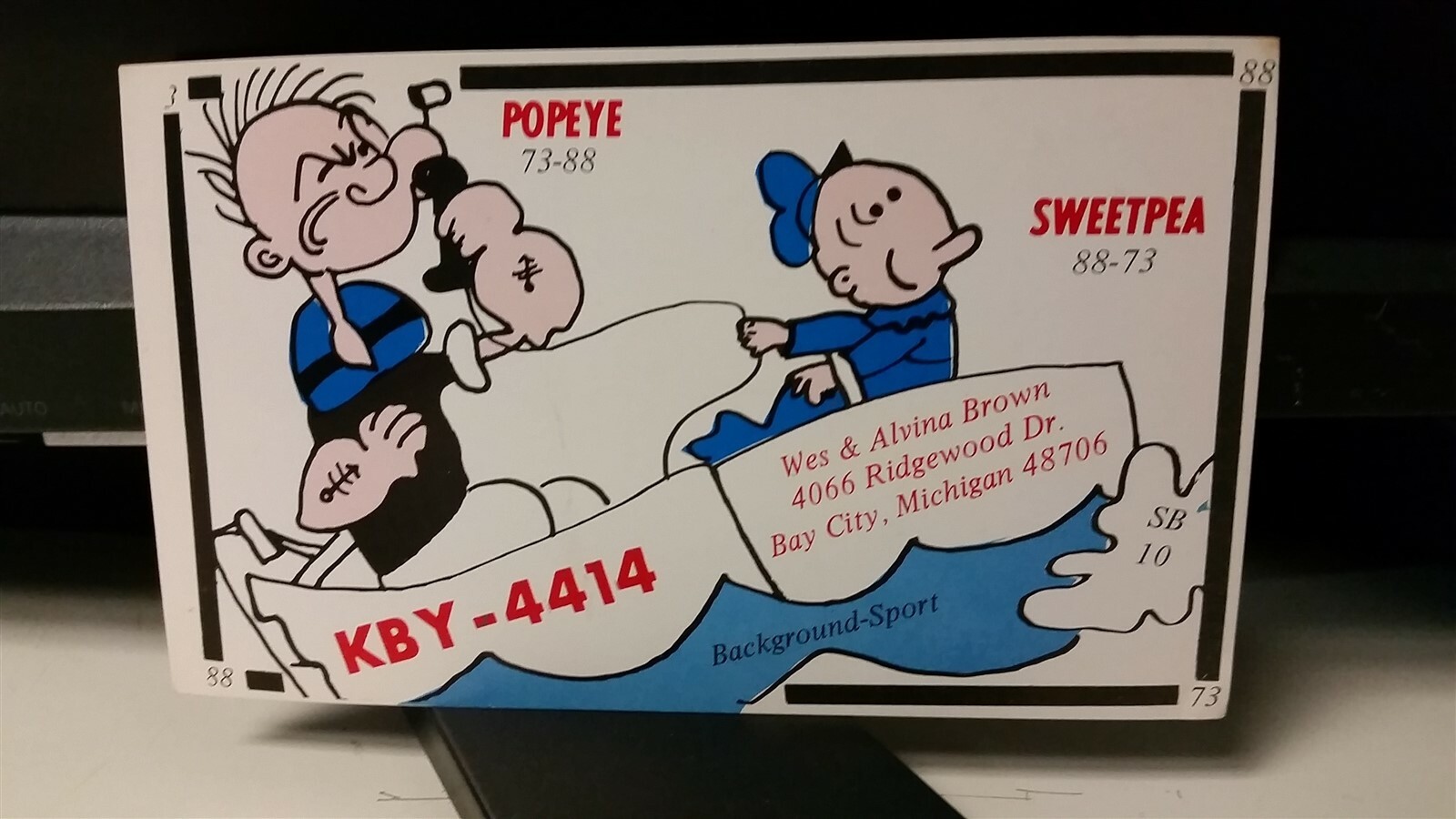 CB radio QSL postcard KBY-4414 Popeye Wes Alvina Brown 1970s Bay City Michigan