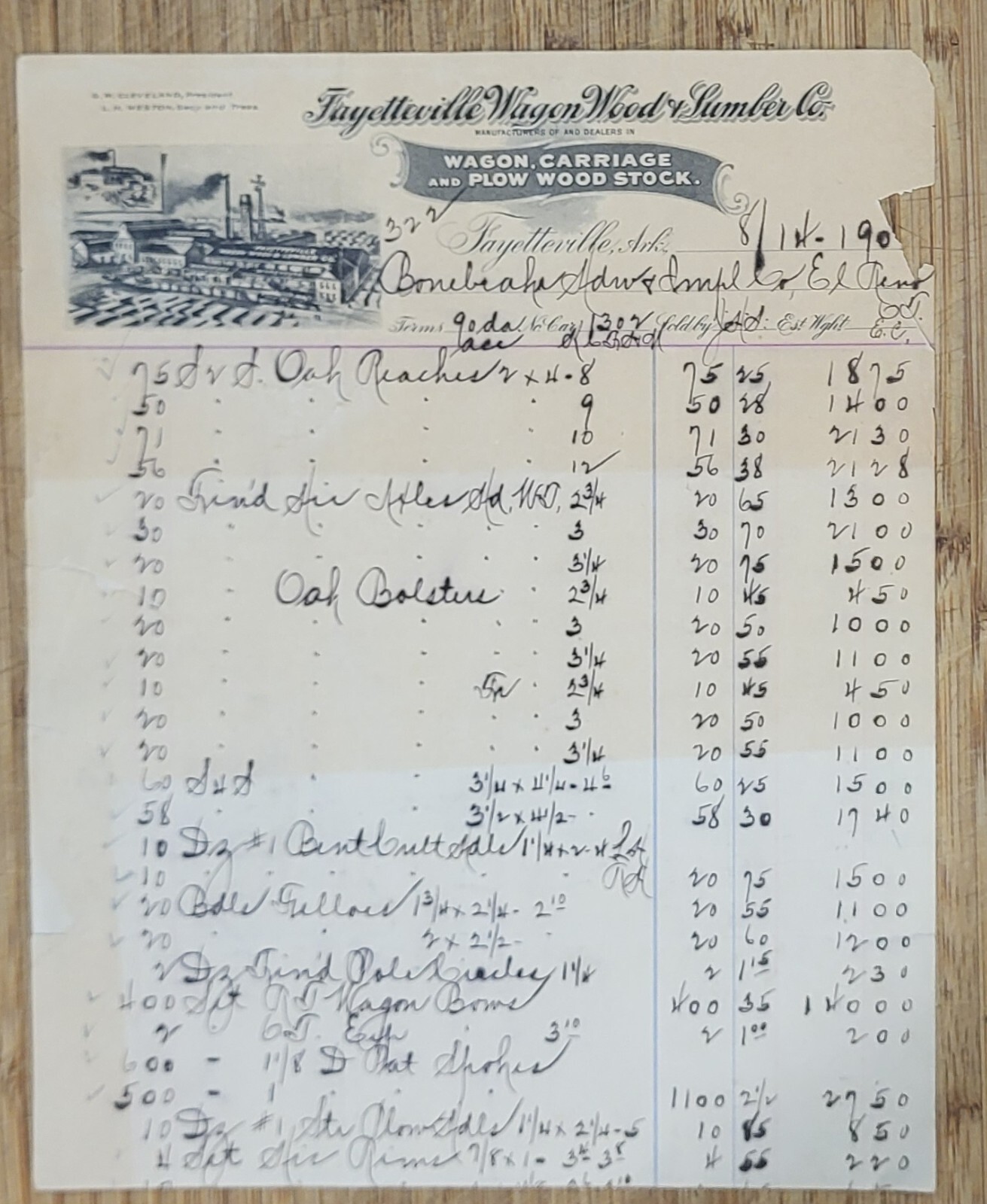 1904 Billhead Arkansas Fayetteville Wagon Wood Lumber 1904 Billhead Arkansas Fayetteville Wagon Wood Lumber