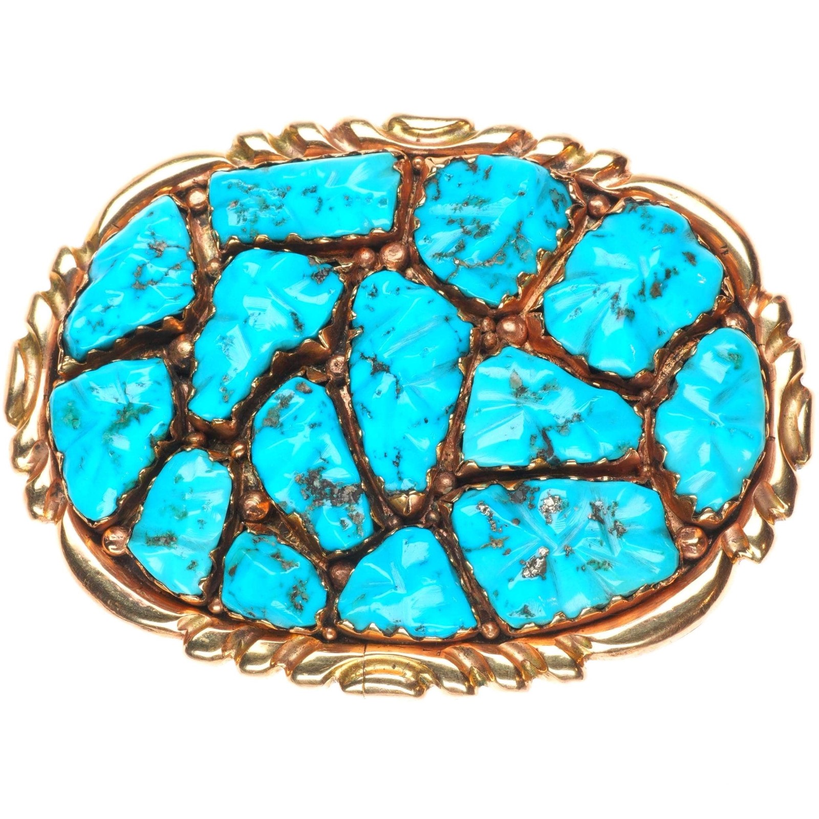 1970's Alvina Quam Zuni 14k gold belt buckle carved pyrite turquoise cluster