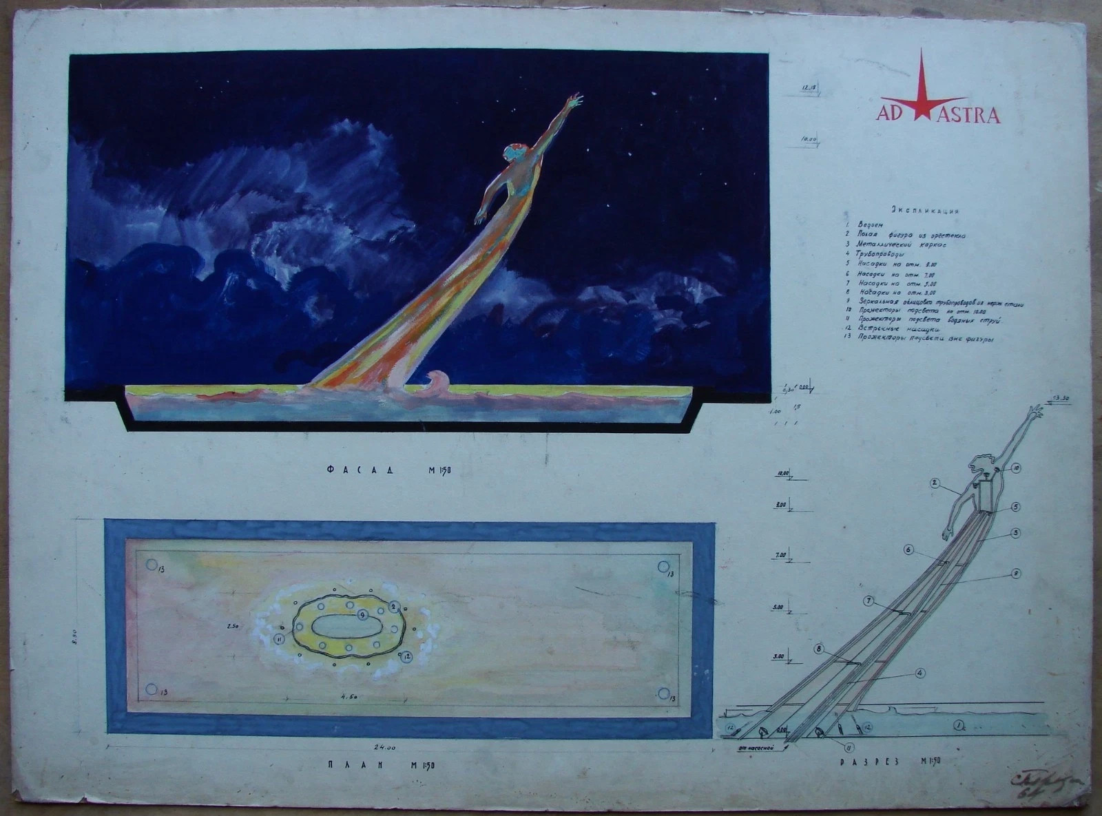 Ukrainian Soviet USSR Painting fountain monument statue K. Tsiolkovsky space