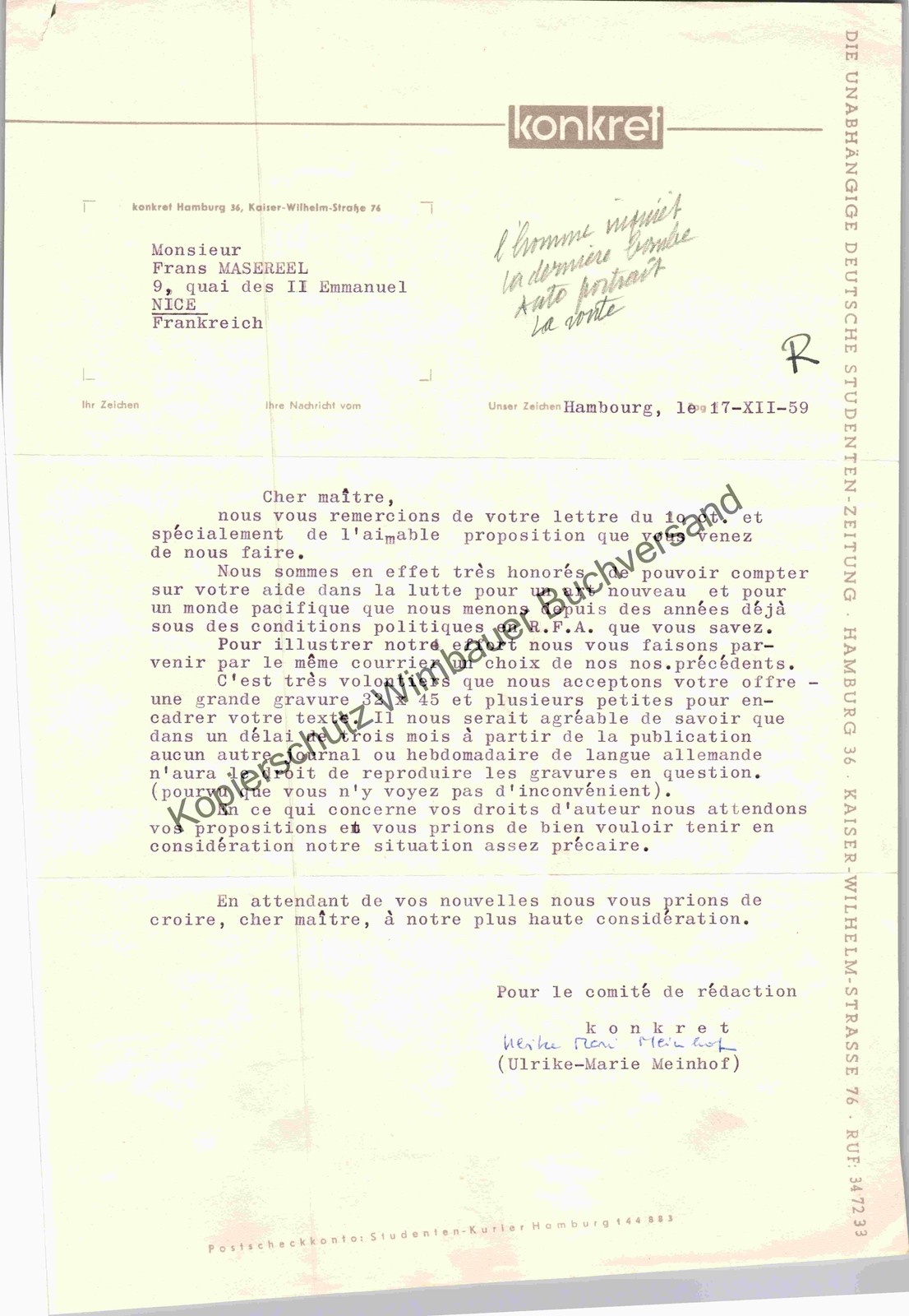 Original Autograph Ulrike Meinhof (RAF, 1934-1976) & Frans Masereel (1889-1972) Original Autograph Ulrike Meinhof (RAF, 1934-1976) & Frans Masereel (1889-1972)