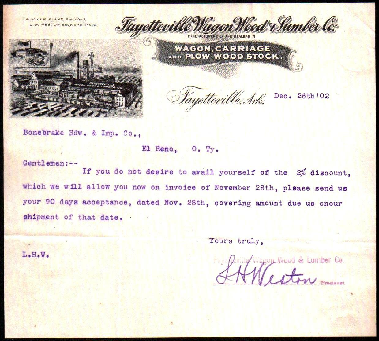 Fayetteville Wagon Wood & Lumber Co - 1902 Arkansas - History Letter Head Bill