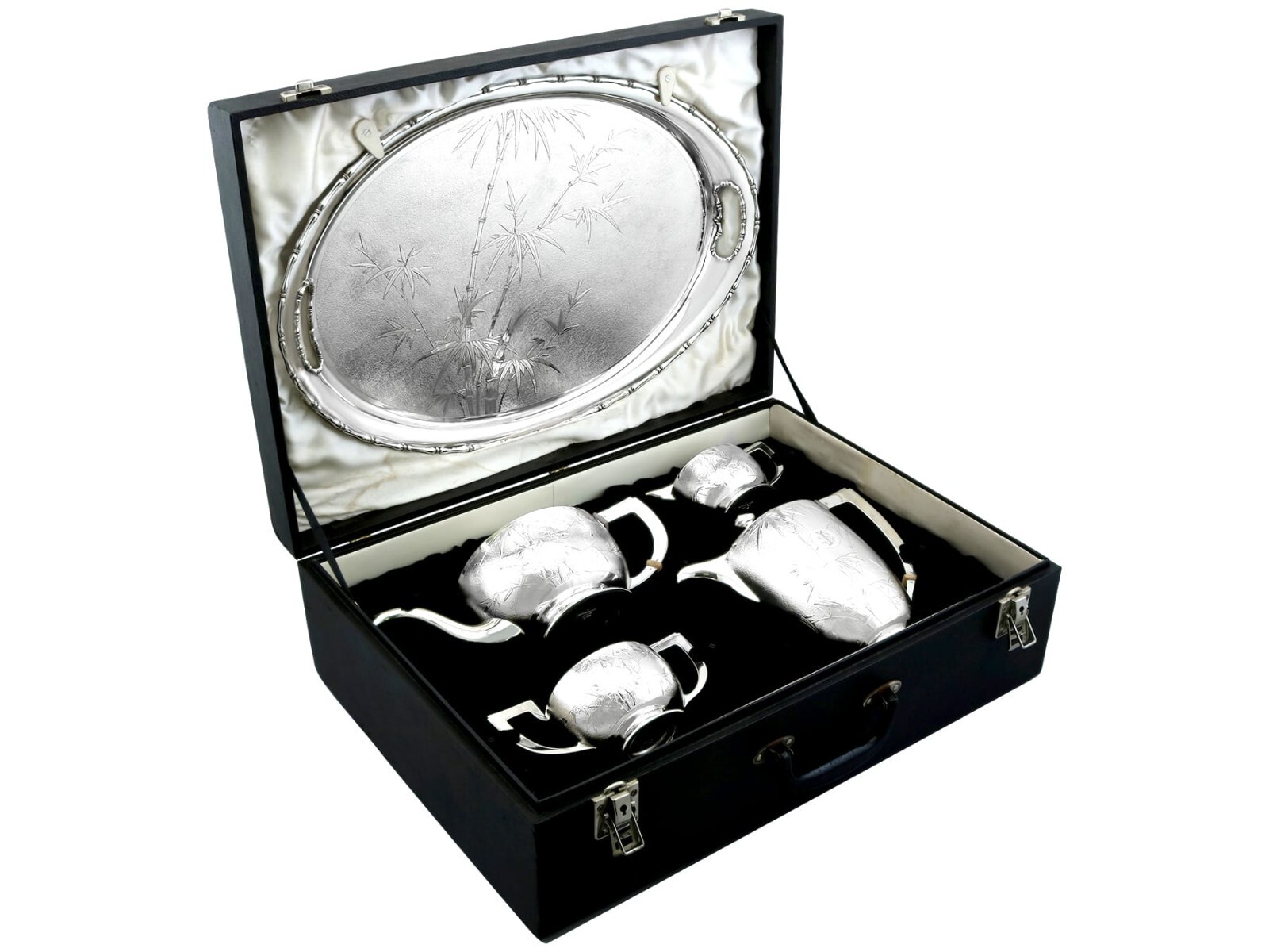 Vintage Chinese Sterling Silver Four Piece Tea and Coffee Service with Tray Vintage Chinese Sterling Silver Four Piece Tea and Coffee Service with Tray