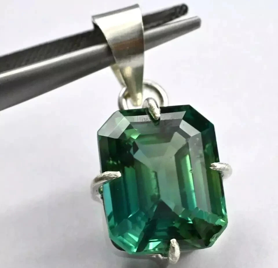 Certified 33.5 Ct+ Natural Emerald 925 Solid Silver Emerald Cut Pendant Gemstone