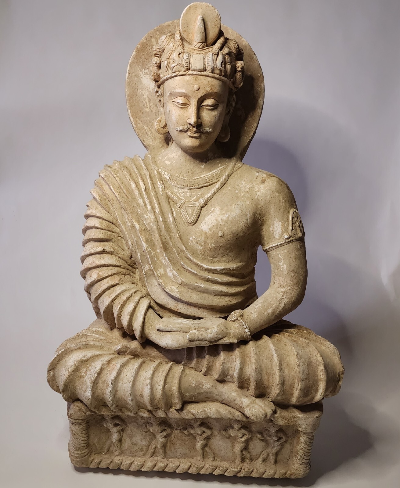 MUSEUM QUALITY RARE HUGE GANDHARA STUCCO STATUE OF SEATED BUDDHASATWA. 3FT