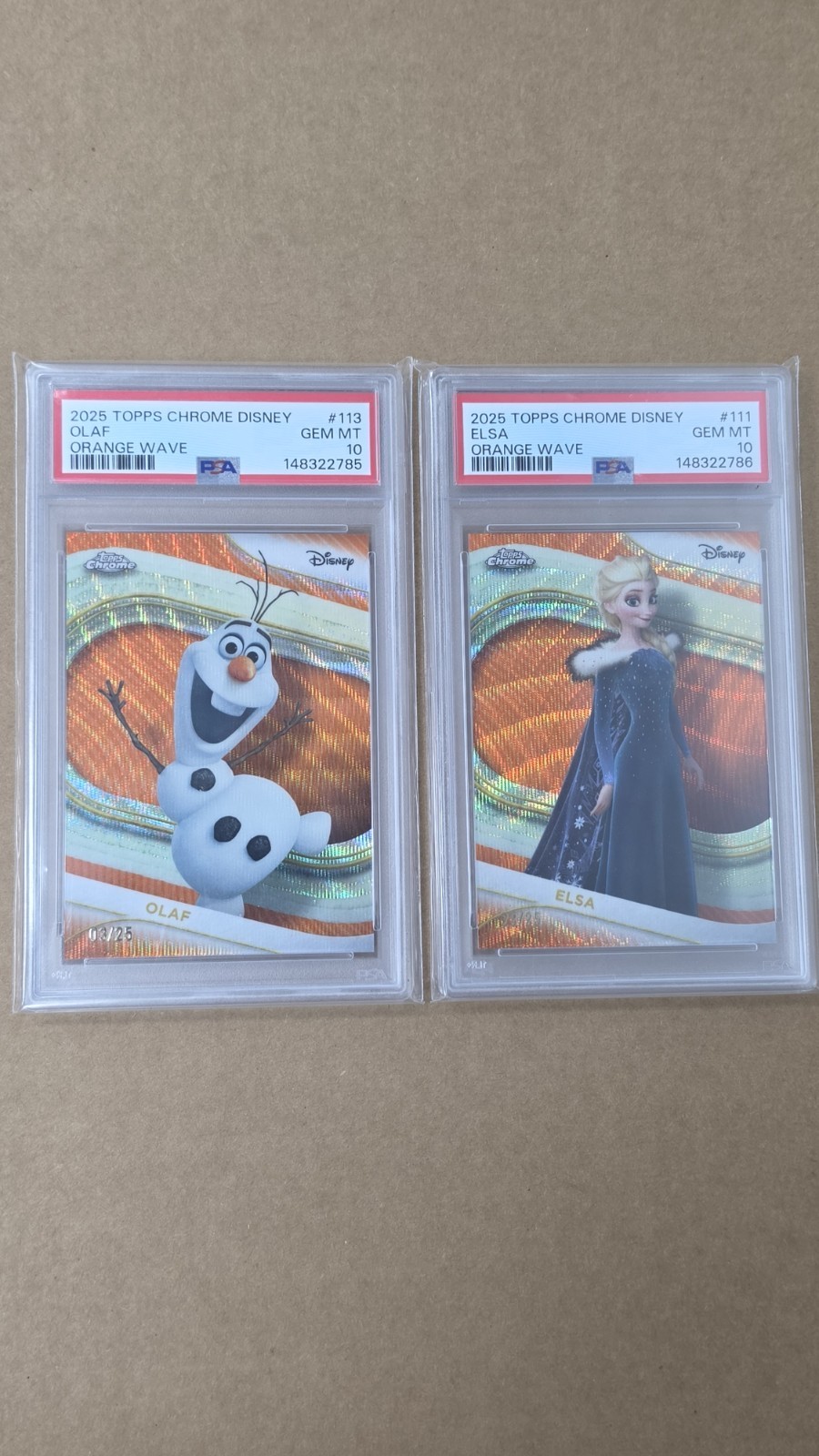 ELSA OLAF 2025 TOPPS CHROME DISNEY ORANGE WAVE /25 PSA 10 Sequential Pair ELSA OLAF 2025 TOPPS CHROME DISNEY ORANGE WAVE /25 PSA 10 Sequential Pair